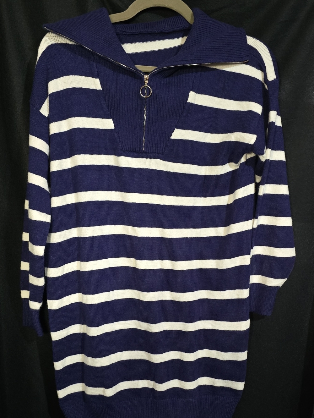 Striped Scoop-Neck Sweater in Navy and White with Zip Collar